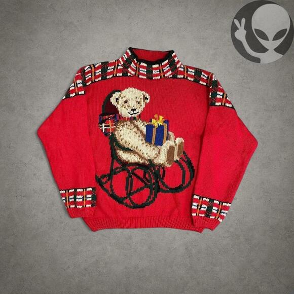 Christmas Bear Knit Sweater women medium red holiday preppy - Picture 2 of 6